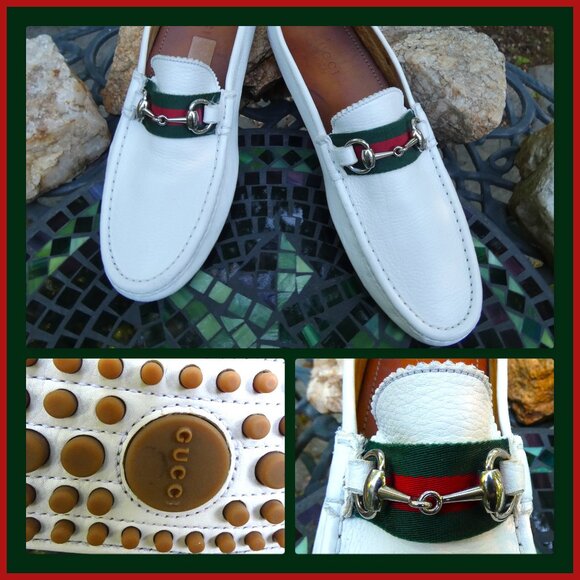 Gucci Men's Loafers Drivers White Size 10 Web Stripe Horsebit Tayma Goat Leather - Picture 1 of 11